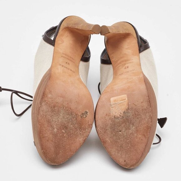 Hermes Off White/Brown Canvas and Leather Platform Booties Size 37 488-050125 - Picture 7 of 9